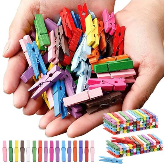 Imagem de Kit 100 Mini Prendedor Pregador Madeira 2,5cm Colorido