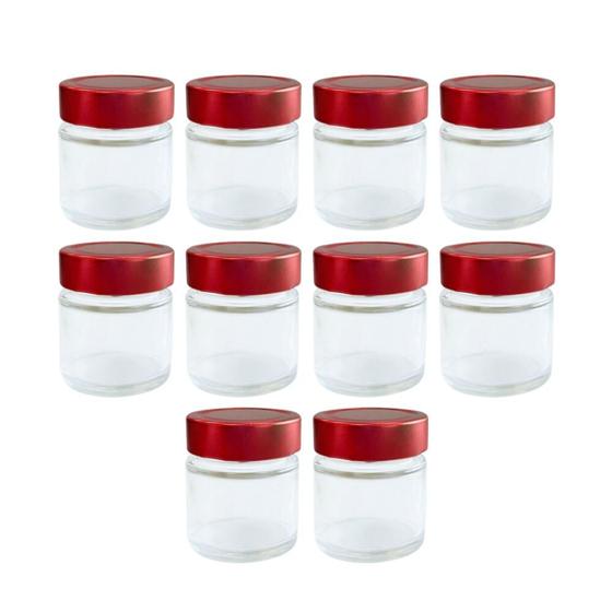 Imagem de Kit 100 Potes de Vidro Pianezza Alto 100ml com Tampa Metálica Vermelha.  