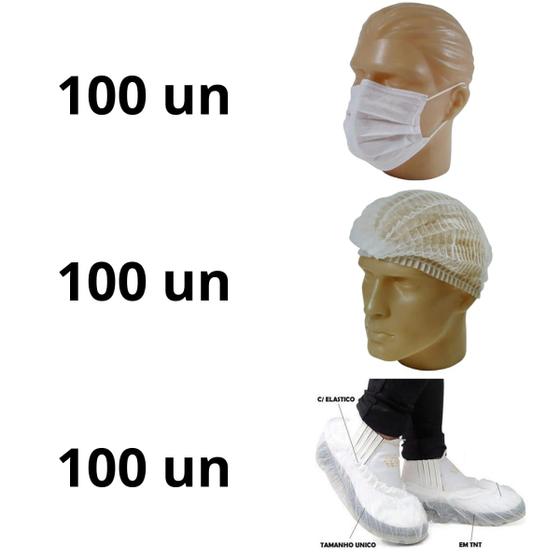 Imagem de kit 100 Propé 100 toucas 100 mascara TNT branco  descartavel