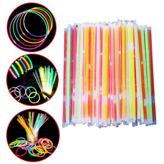 Imagem de Kit 100 Pulseiras Iluminação Neon Fluorescente Sucesso Nas Festas XU1