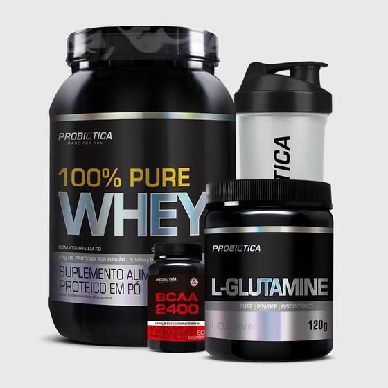 Imagem de Kit 100% Pure Whey 900G + BCAA 2400 60 Tabletes + L-Glutamina 120G + Coqueteleira Incolor Probiótica