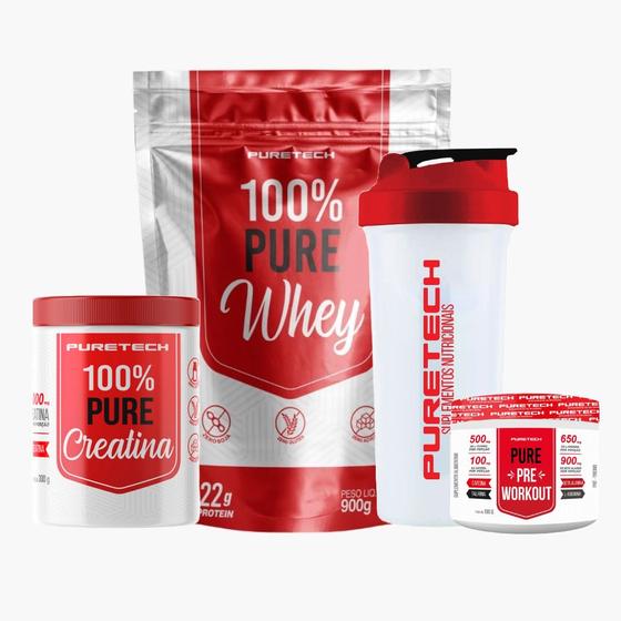 Imagem de Kit 100% Pure Whey Refil 900g + Creatina 100% Pura 300g + Pré Treino 100g + Coqueteleira PURETECH