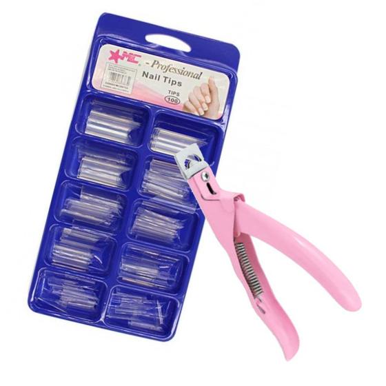 Imagem de Kit 100 tips curvatura c transparente m&c e alicate