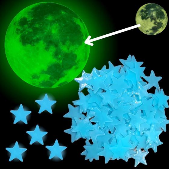 Kit 100 un estrelinha fluorescente brilha no escuro azul + lua 12cm Menor preço em Kit 100 un estrelinha fluorescente brilha no escuro azul + lua 12cm