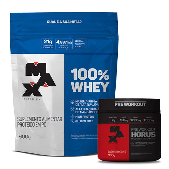 Imagem de Kit 100% Whey Max 900g Refil + Pré Treino Horus 300g -Max Titanium