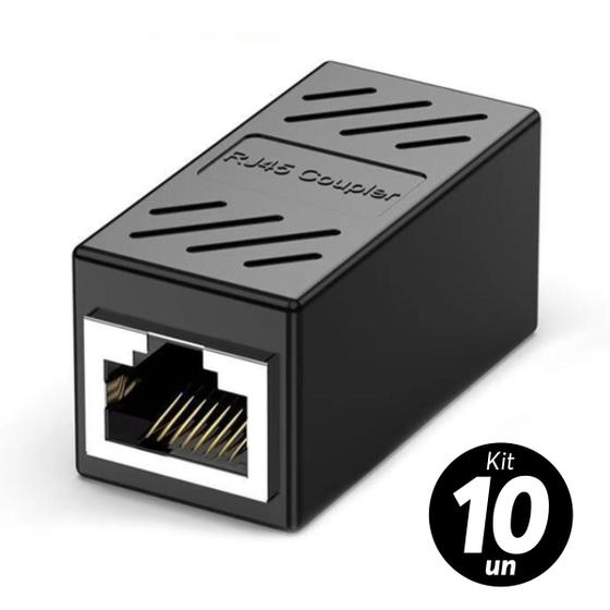 Imagem de KIt 10x Adaptador Emenda Rj45 Extensor Cat5 Cat6 Cat7 Rede Ethernet Conector Blindado Cor:Preto