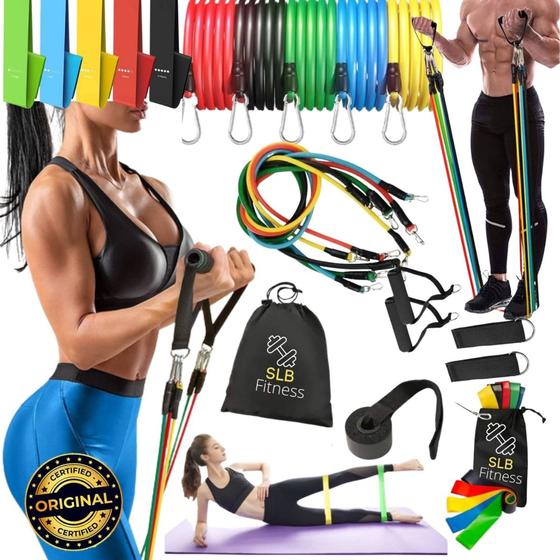 Imagem de Kit 11 Elasticos Tubing + 5 mini Bands Exercícios Treino Malhar exercício funcional Funcional Yoga + 2 Bolsas