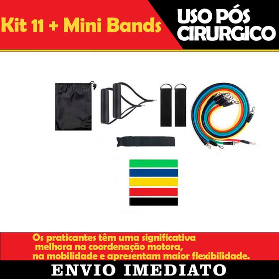 Imagem de Kit 11 Peças + 5 Mini Bands Exercícios Malhar Pernas Bíceps Faixa Elástica Reduz Stress Musculação