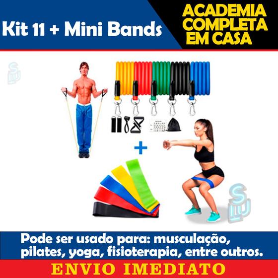 Imagem de Kit 11 Peças + 5 Mini Bands Malhar em Casa Treino Exercícios Físicos Academia Elástico Fácil de Usar