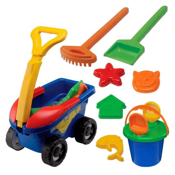 Kit 11 Pecas Carrinho de Praia com Baldinho + Pazinhas e Rastelo + Forminhas Azul Mor e Lazer Menor preço em Kit 11 Pecas Carrinho de Praia com Baldinho + Pazinhas e Rastelo + Forminhas Azul Mor e Lazer