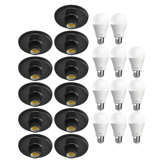 Imagem de Kit 11 Plafonier Plafon Soquete E27 Preto Com 11 Lâmpada Led 6,5W Autovolt Cor Da Luz Branca P/ Sala Quarto Cozinha