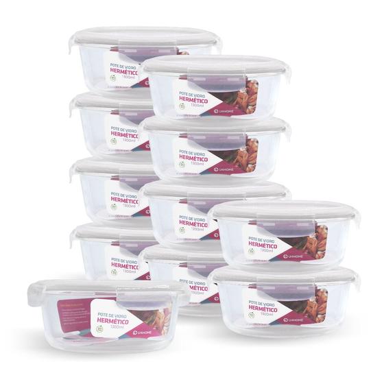 Imagem de Kit 11 Potes Hermético Redondo De Vidro Com 4 Travas 1300ml