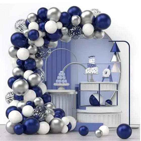 Imagem de Kit 115 Baloes Azul Escuro Prata Metalizado P/ Arco Desconstruido Bexigas Transparente Confeite Prata Festa Decoração
