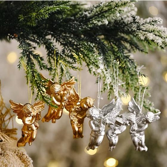 Imagem de Kit 12 Anjos Enfeites De Natal Pendurar C/ 6 peças pratas + 6 douradas