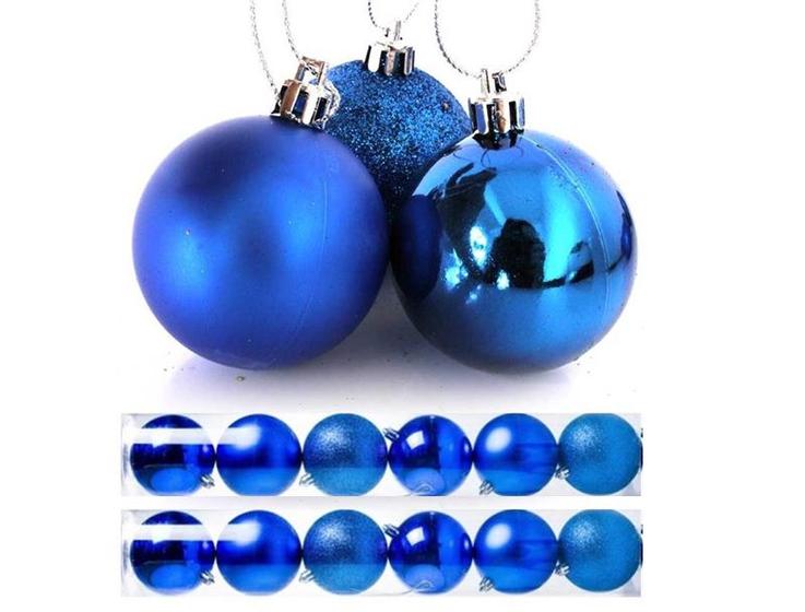 Imagem de Kit 12 Bolas Natal Mista Glitter, Fosca, Lisa Azul Royal 7cm - Master Christmas