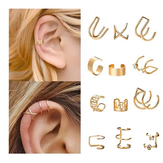 Imagem de Kit 12 Brincos Feminino Piercings Pressão Aço Banhado A Ouro