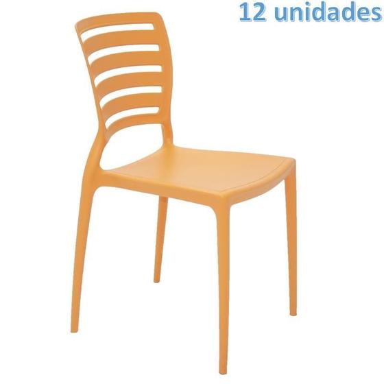 Imagem de Kit 12 cadeiras plastica monobloco sofia laranja encosto vazado horizontal tramontina