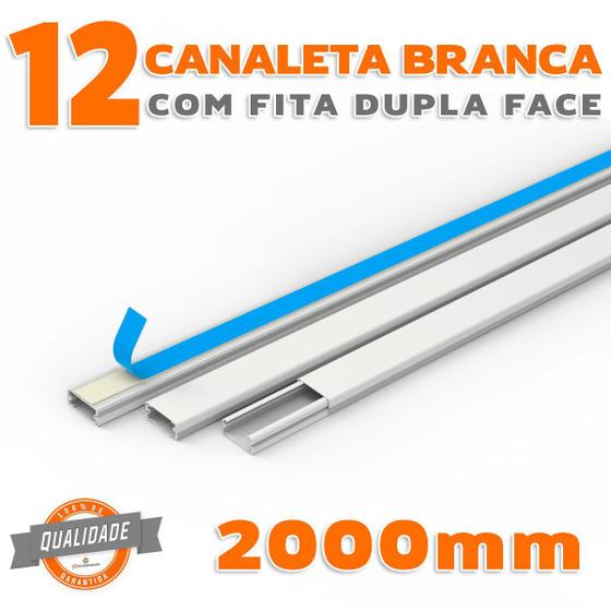 Imagem de Kit 12 Canaletas PVC Branco com Fita Dupla Face de 2 Metro