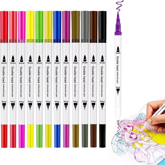 Imagem de Kit 12 Caneta 2 em 1 Brush Lettering e Ponta Fina Dual Pen Canetinha Colorir Desenho