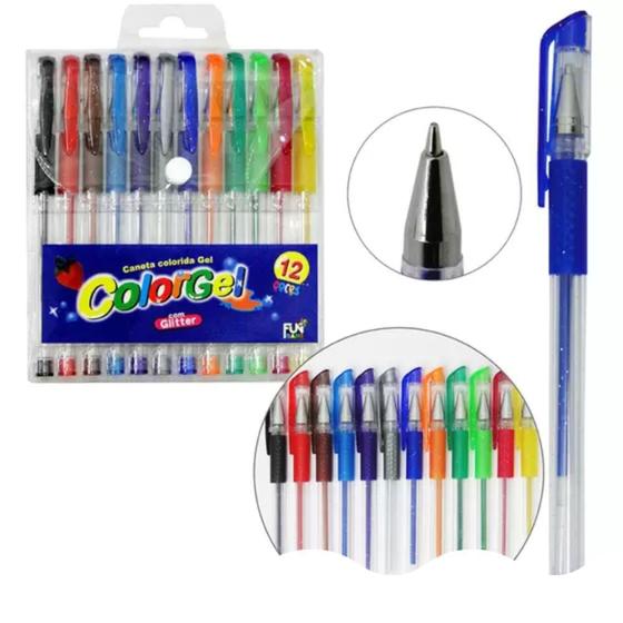 Imagem de Kit 12 canetas esferográficas coloridas tinta gel glitter papelaria prático