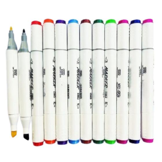 Imagem de kit 12 canetinhas ponta dupla colorida marcador escolar para artes desenhos ponta fina chanfrada