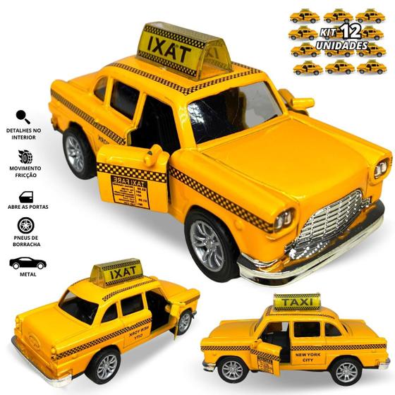 Imagem de Kit 12 Carrinho De Ferro Miniatura Taxi Antigo Abre A Porta