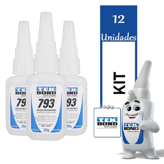 Imagem de Kit 12 Cola Adesivo Instantâneo 793 Multiuso 20g Cada