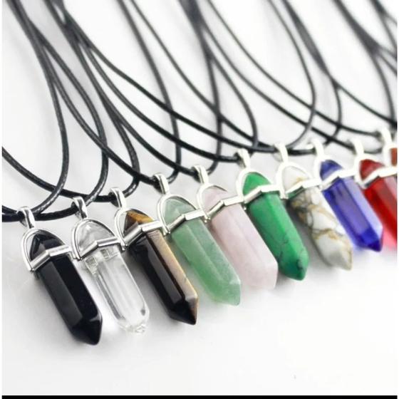 Imagem de Kit 12 Colar de Pedra Cristal Hippie Diversos quartzo rosa onix lua estrela tigre vermelho azul