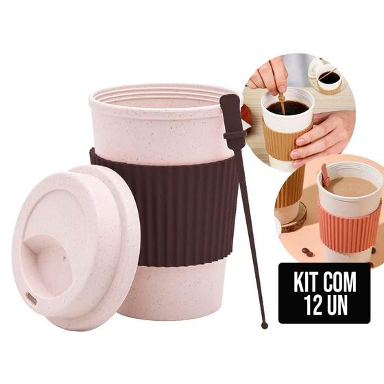 Imagem de Kit 12 Copos de Café e Chá 450ml com Tampa Mexedor Fibra de Bambu PP Sortido Lyor