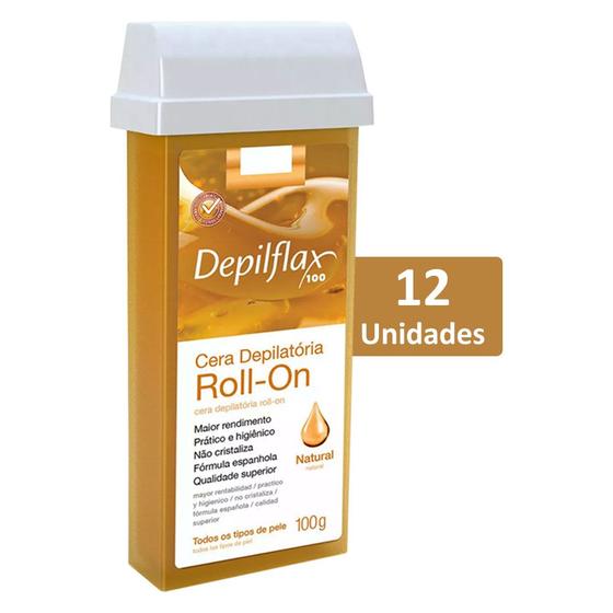 Imagem de Kit 12 Depilflax Cera Depilatória Roll On Refil 100g - Natural