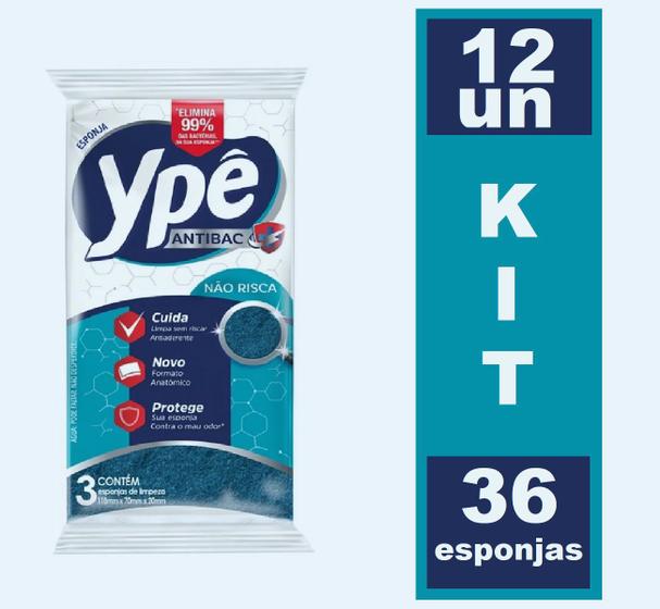 Imagem de Kit 12 Esponja Antibac Ypê Não Risca 36 UN Formato Anatômico