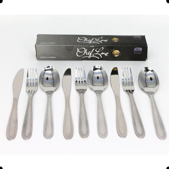 Imagem de Kit 12 Garfos 12 facas e 12 colheres de Sobremesa Chefe Line doceria restaurante doces mesa posta
