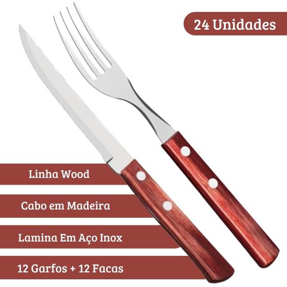 Imagem de Kit 12 Garfos + 12 Facas Inox Cabo Madeira Restaurante 24Pçs