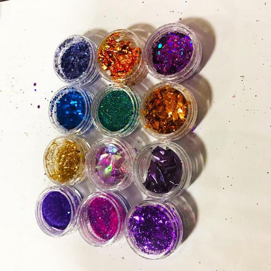 Imagem de Kit 12 Glitter Maquiagem Unhas flocado Purpurina decoração Folha Filete Encapsular