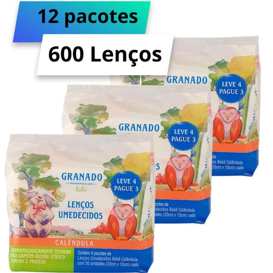 Imagem de Kit 12 Lenços Umedecido Granado Toalha Calêndula Bebe Neutro com 50 unidades