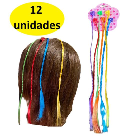 Imagem de Kit 12 Mechas Coloridas c/ Piranha Aplique Cabelo Infantil