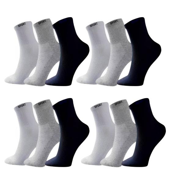 Imagem de Kit 12 Meias Masculina Branco Preto Cinza Cano Longo Sport