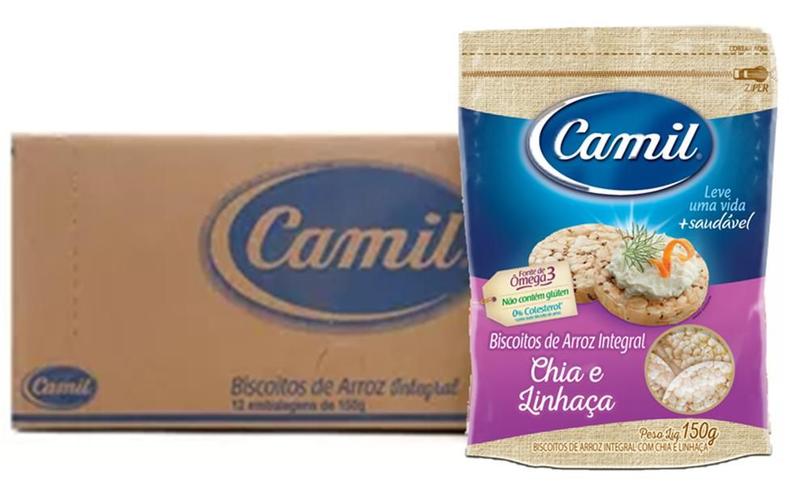 Imagem de Kit 12 Mini Biscoito Arroz Integral Chia Linhaça Camil 150g