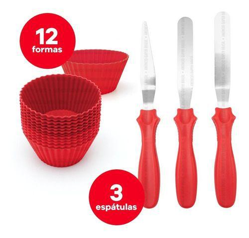 Imagem de Kit 12 Mini Forma Cupcake Silicone + 3 Espátulas Confeiteiro