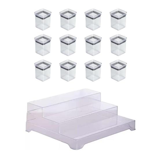 Imagem de Kit 12 Mini Potes Herméticos Porta Temperos 180ml + Organizador Multinivel Diamond 29 x 25 x 10cm