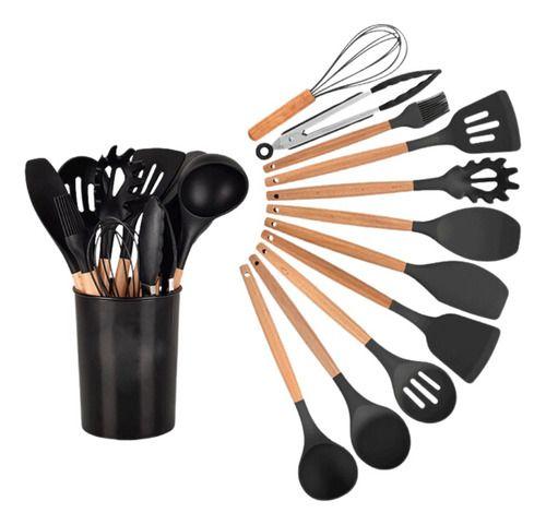 Kit 12 Pcs Talheres Em Silicone C/ Cabo Madeira Menor preço em Kit 12 Pcs Talheres Em Silicone C/ Cabo Madeira
