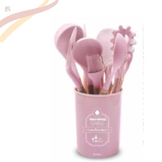 Imagem de Kit 12 Pçs Utensílios Cozinha Silicone Colher Copo Suporte Cor Rosa