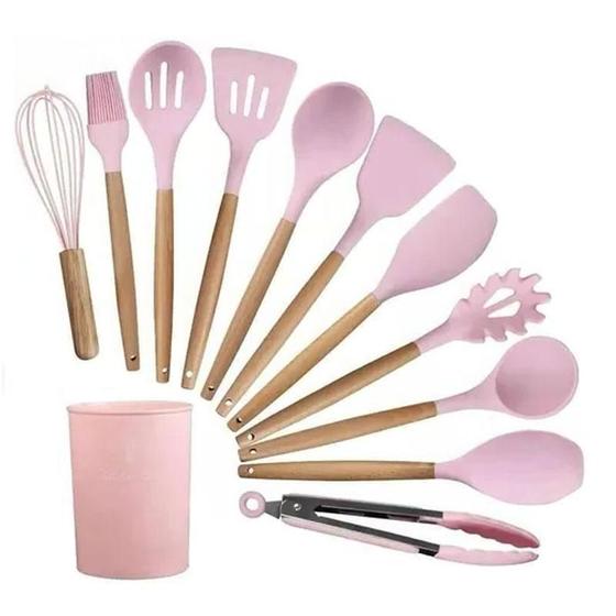 Imagem de Kit 12 Pçs Utensílios De Cozinha Em Silicone Cabo Madeira