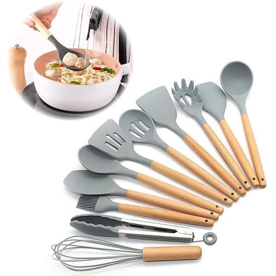 Imagem de Kit 12 Peças Jogo De Cozinha Utensílios De Silícone Cinza