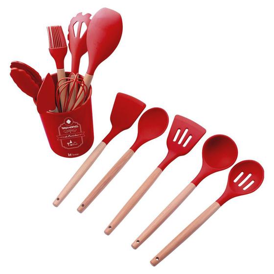 Imagem de Kit 12 Peças Talheres Silicone Cb Madeira Utensílios Premium