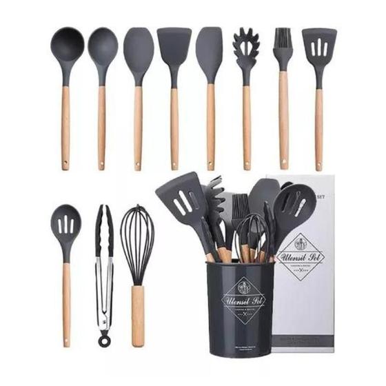 Imagem de Kit 12 Peças Utensílios Cozinha Silicone Maciço Cabo Madeira