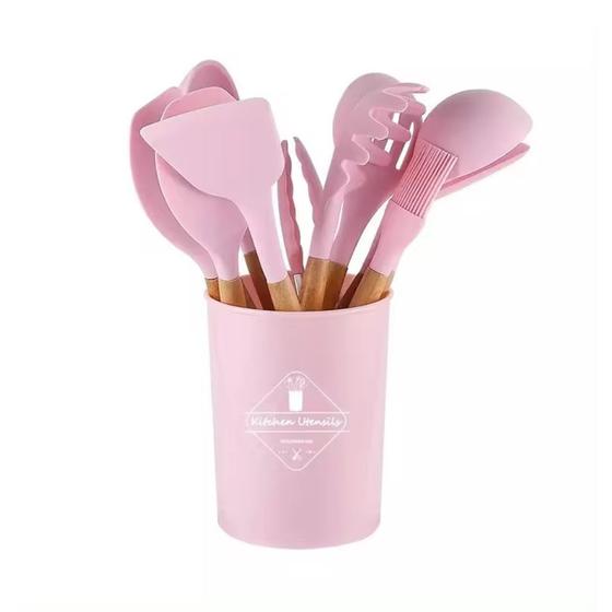 Imagem de Kit 12 Peças Utensílios Silicone Madeira Luxo Cozinha Rosa