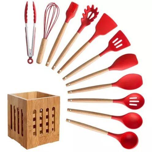 Imagem de Kit 12 Peças Utensílios Silicone para cozinha Cesto de Bambu