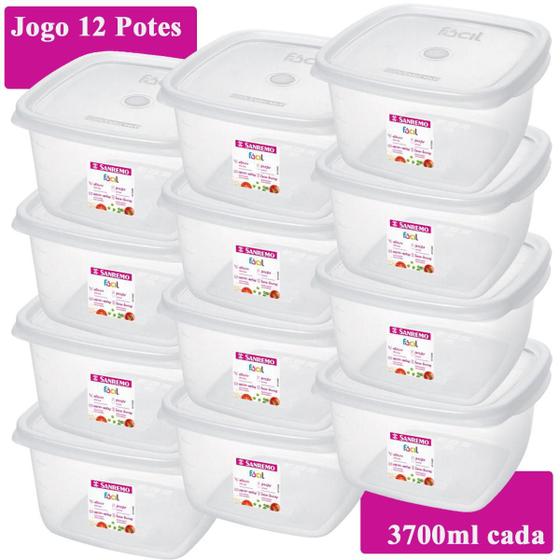 Imagem de Kit 12 Pote 3700Ml Quadrado Plástico Vai Freezer Microondas