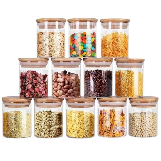 Imagem de Kit 12 Potes Herméticos Borossilicato Com Tampa Bambu 500Ml